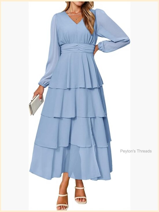Dresses & Skirts - Flowy Maxi Dress Chiffon Long Sleeve Slit V Neck Ruffle Tiered Boho Fall